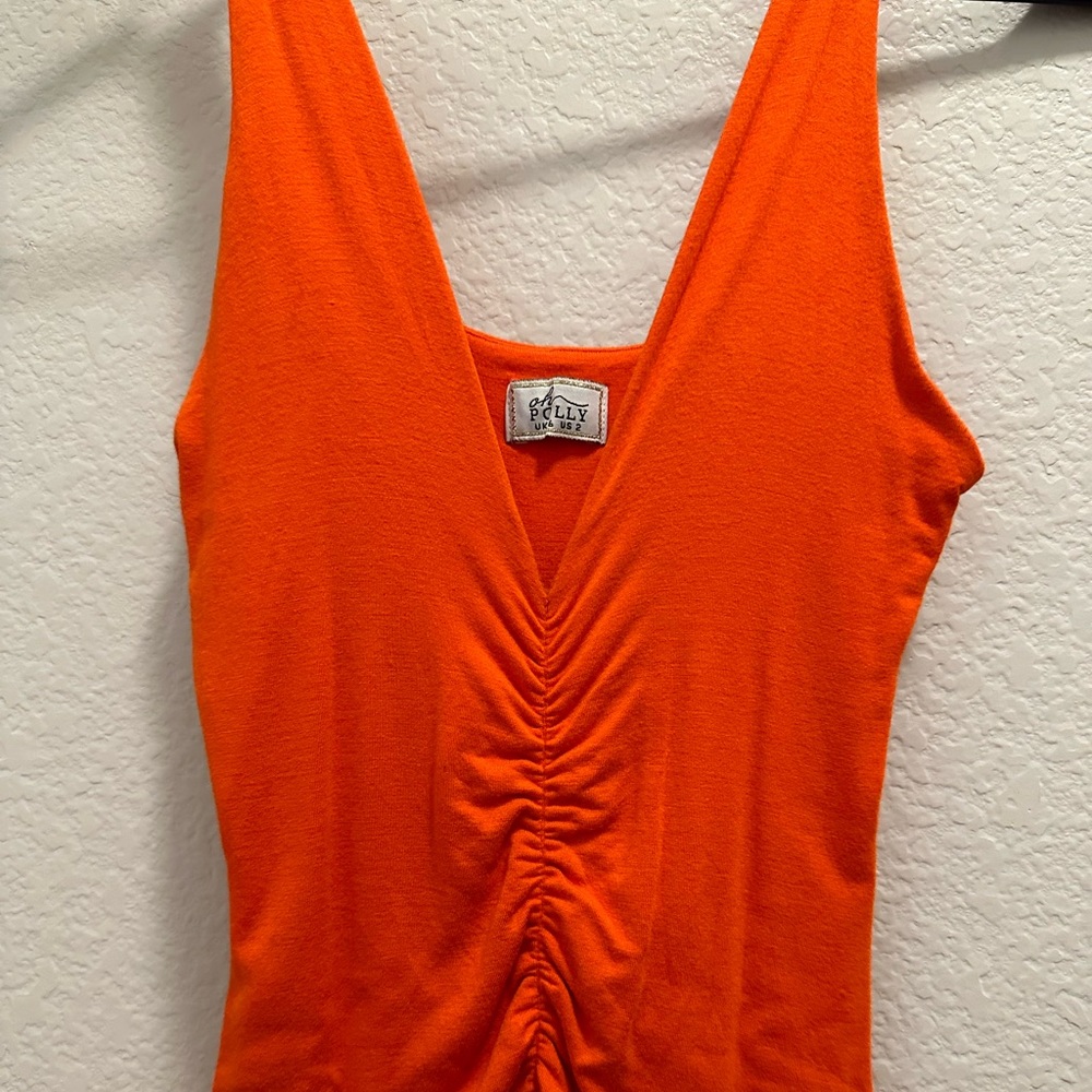NWOT OH POLLY Orange Rouched Front Midi Dress Size 2